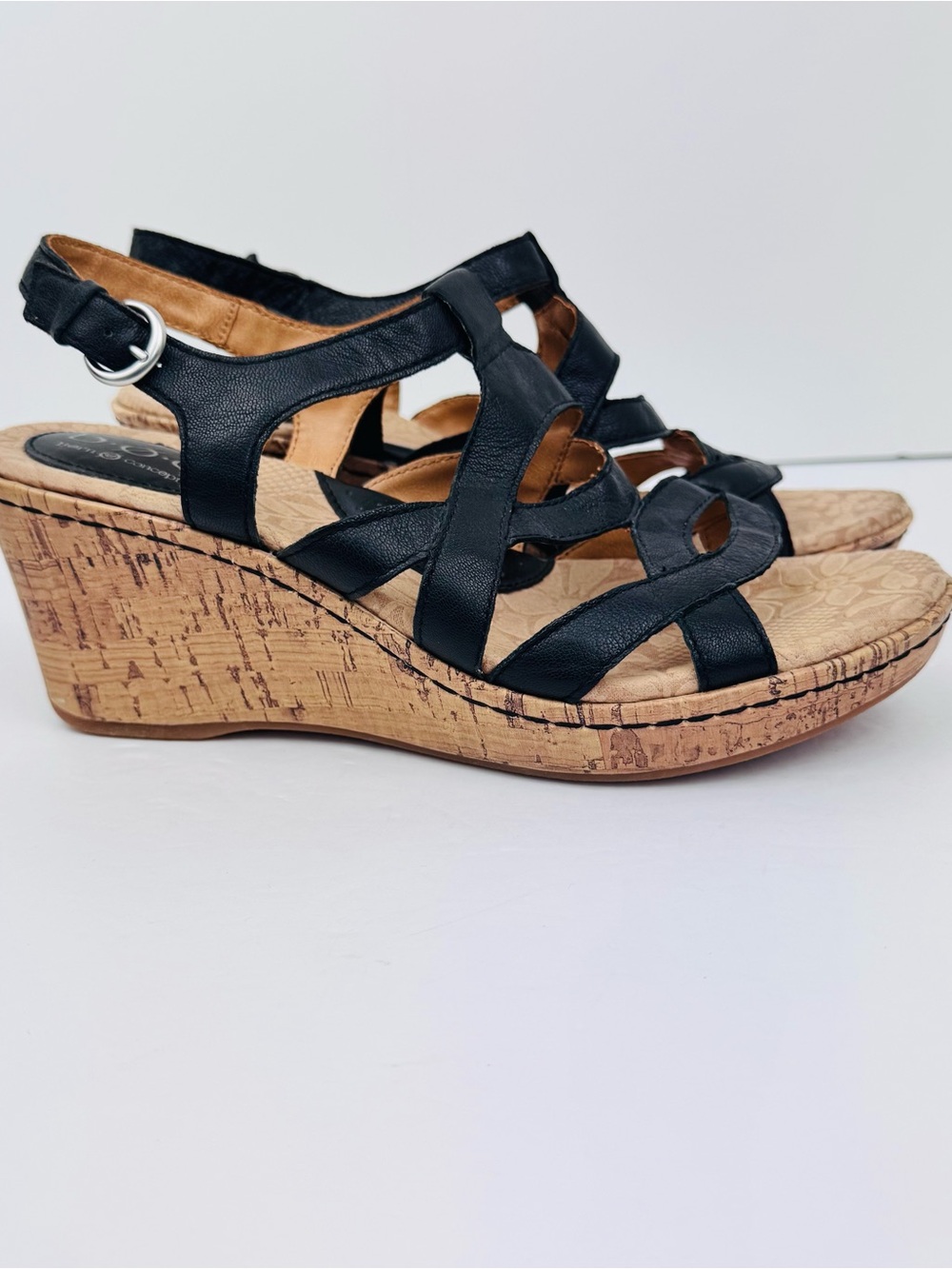 B.O.C. Chyna II wedge sandals. Black leather, cork-wrapped wedge heel. Size 9.